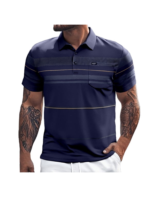 Mens Polo Shirts Multi Tone Horizontal Stripe Pocket Short Sleeve Shirts Classic Fit Daily Casual Tops