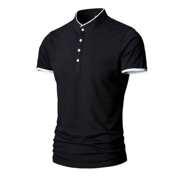 Bibifish Mens Polo Shirts No Print Short Sleeve Mandarin Collar Solid Black Shirts Summer Daily Wear Tops