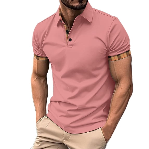 Bibifish Mens Polo Shirts Plaid Inner Lining Detail Shirts Mens Spring Summer Business Daily Wear Tops