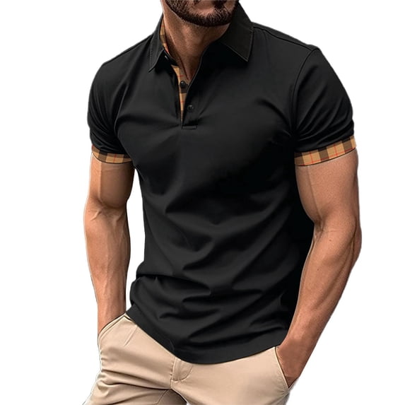 Bibifish Mens Polo Shirts Plaid Inner Lining Detail Shirts Mens Spring Summer Business Daily Wear Tops