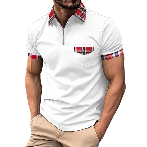 Bibifish Mens Polo Shirts Plaid Collar Pocket Zip Placket Shirts Mens Weekend Travel Casual Tops