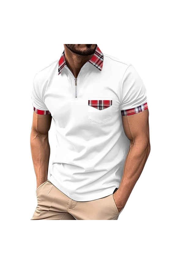 Mens Polo Shirts Plaid Trim Collar Pocket Zip Placket Shirts Mens Weekend Travel Casual Tops