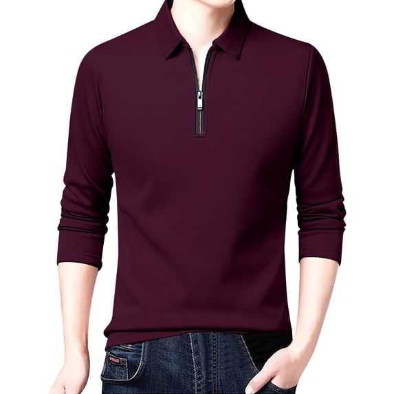 Bibifish Mens Polo Shirts Plain Solid Long Sleeve Zip Lapel Collar Solid Black Shirts Fall Travel Wear Tops