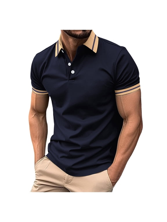 Mens Polo Shirts Plain Solid Short Sleeve Strip Contrast Lapel Collar Solid Black Shirts Summer Leisure Wear Tops
