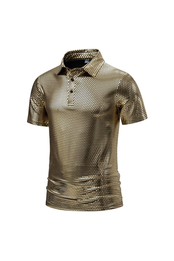 Mens Polo Shirts Shiny Grid Surface Lapel Collar Shirts Button Front Short Sleeve Party Wear Tops