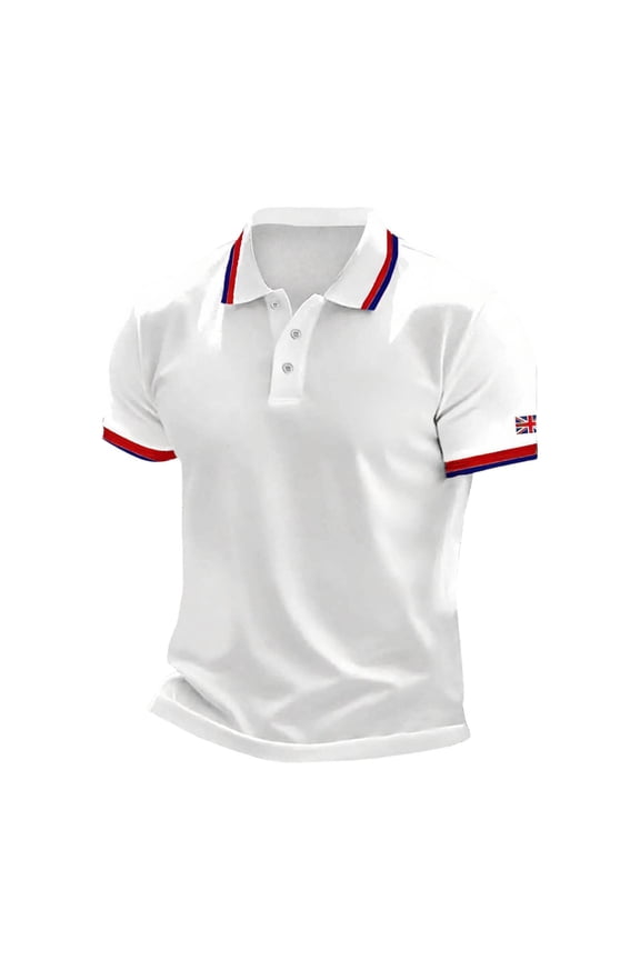 Mens Polo Shirts Short Sleeve All Over Union Jack Flag Check Print Contrast Trim Casual Polo Tops