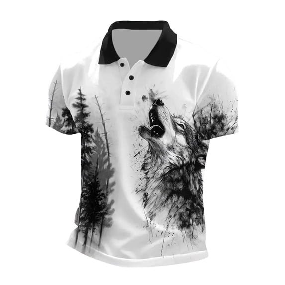 Bibifish Mens Polo Shirts Short Sleeve Forest Wolf Graphic Print Casual Shirts Classic Fit Outdoor Daily Tops