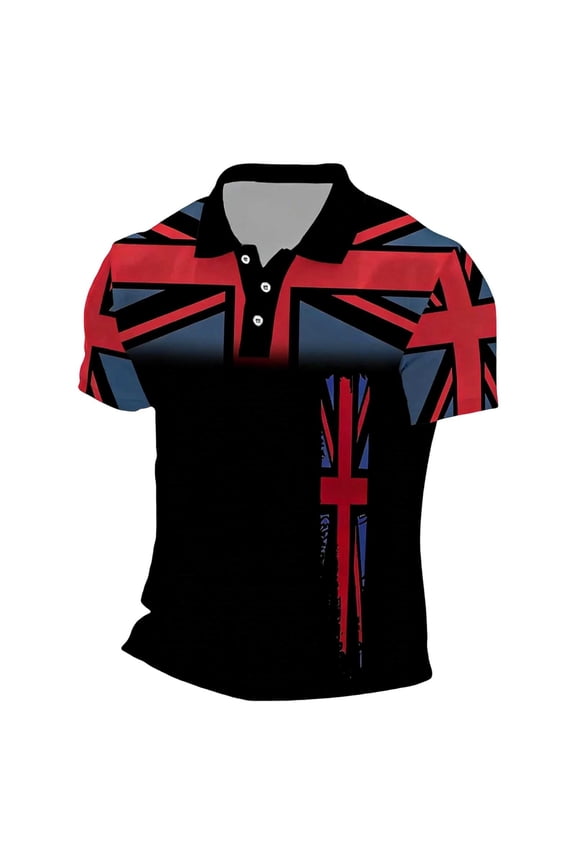 Mens Polo Shirts Short Sleeve Half Panel Union Jack Flag Print Casual Shirts Classic Fit Daily Wear Tops
