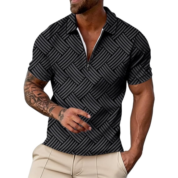 Bibifish Mens Polo Shirts Short Sleeve Quarter Zip Geometric Line Pattern Casual Shirts Classic Fit Tops