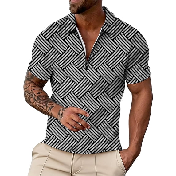 Bibifish Mens Polo Shirts Short Sleeve Quarter Zip Geometric Line Pattern Casual Shirts Classic Fit Tops
