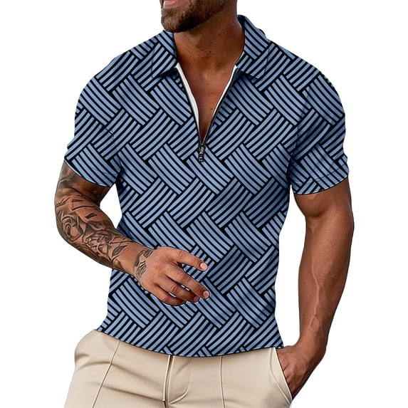 Bibifish Mens Polo Shirts Short Sleeve Quarter Zip Geometric Line Pattern Casual Shirts Classic Fit Tops