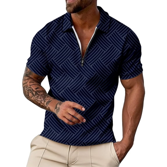 Bibifish Mens Polo Shirts Short Sleeve Quarter Zip Geometric Line Pattern Casual Shirts Classic Fit Tops