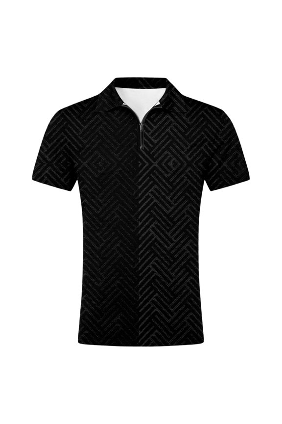 Mens Polo Shirts Short Sleeve Quarter Zip Herringbone Geometric Pattern Casual Shirts Lightweight Tops