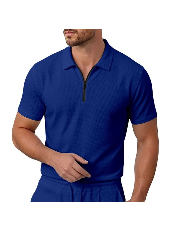 Mens Polo Shirts Short Sleeve Quarter Zip Waffle Knit Casual Shirts Breathable Daily Wear Tops