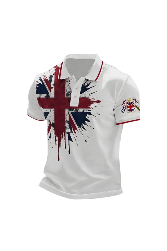 Mens Polo Shirts Short Sleeve Splatter Union Jack Flag Royal Emblem Print Contrast Collar Polo Tops