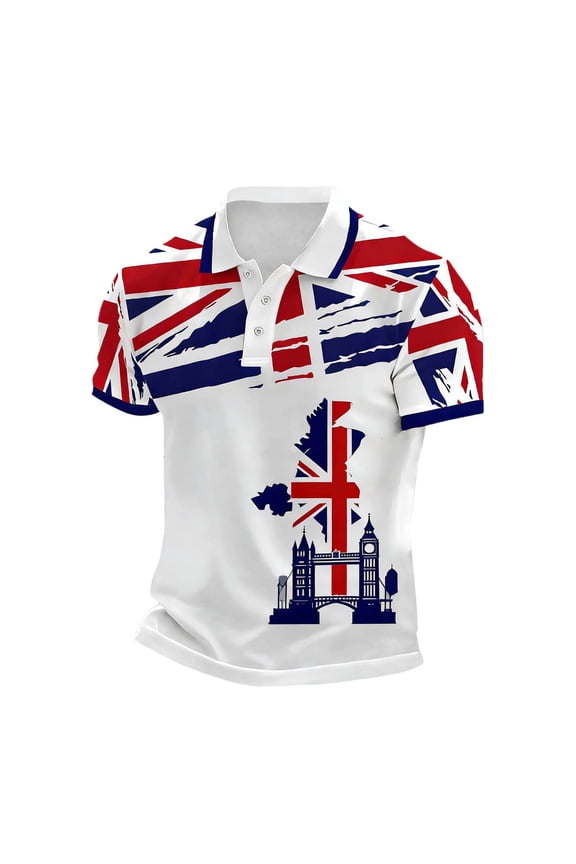 Mens Polo Shirts Short Sleeve Torn Union Jack Big Ben Bridge Map Print Casual Polo Tops