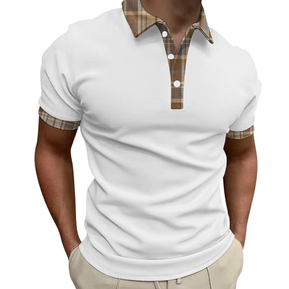Bibifish Mens Polo Shirts Solid Brown Body Check Collar Sleeve Edge Shirts Mens Spring Summer Weekend Wear Tops