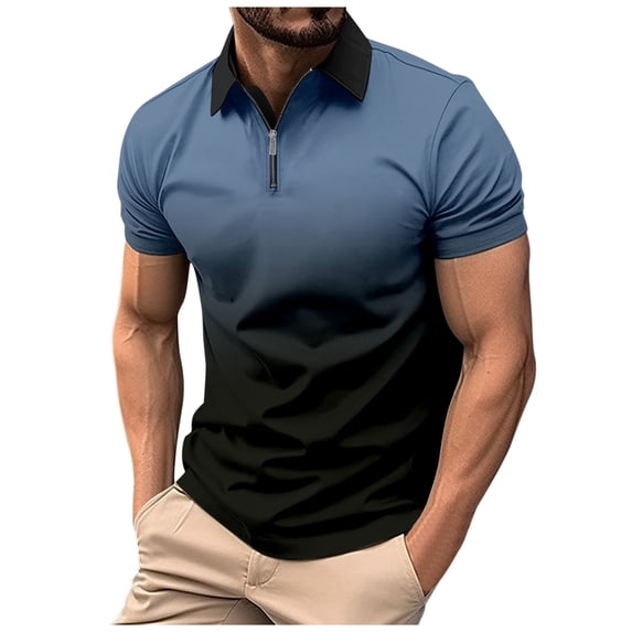 Bibifish Mens Polo Shirts Splash Gradient Two Tone Split Body Lapel Collar Shirts Zip Neck Casual Short Sleeve Tops