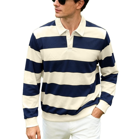 Bibifish Mens Polo Shirts Wide Horizontal Stripe Pattern Long Sleeve Shirts Classic Fit Weekend Wear Lounge Tops