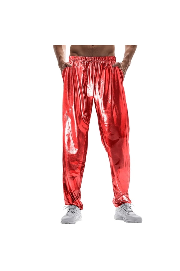 Mens Shiny Pants Carnival Elastic Waistband Loose Fit Taper Leg Trousers Lightweight Trendy Festival Party Stylish Pants With Pockets