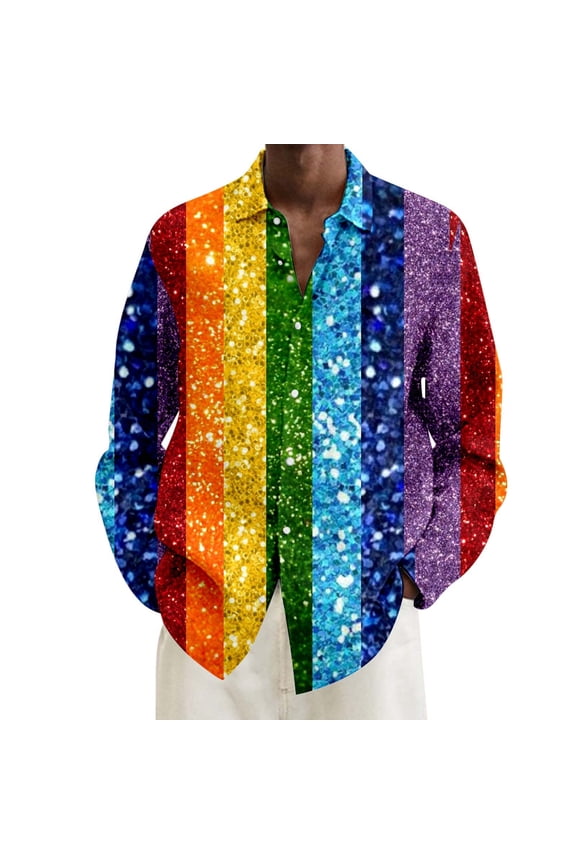 Mens Shirts Rainbow Print Long Sleeve Button Down Striped Sparkly Print Casual Shirts Comfy Breathable Festival Party Tops