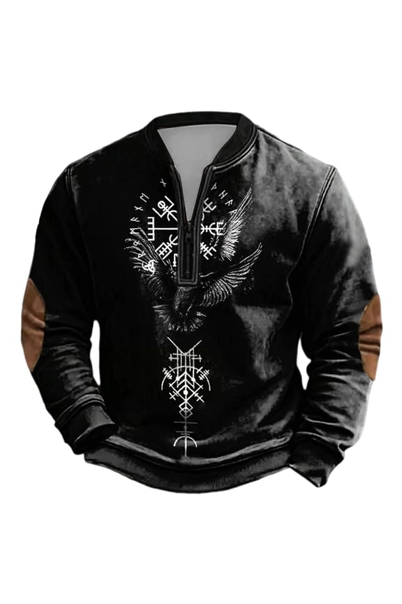 Mens Sweatshirt Black Viking Symbol Print Half-Zip Pullover Leather Elbow Patch Hoodies Distressed Relaxed Fit Gathering Streetwear Edgy Stylish Sweatshirt