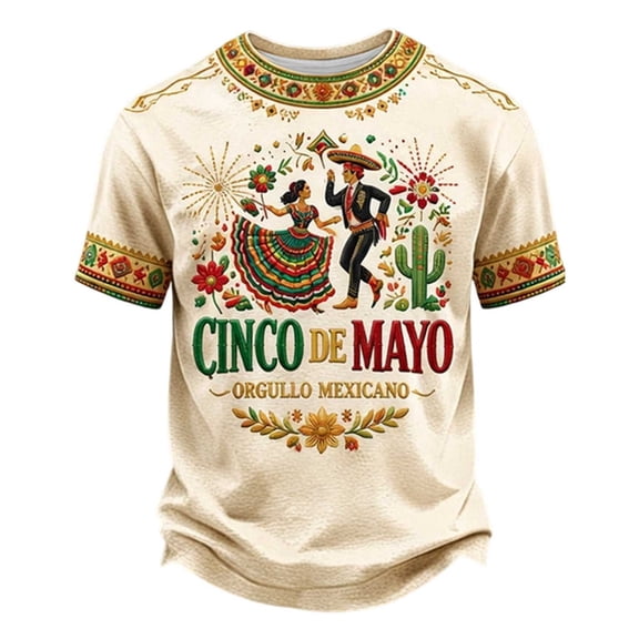 Bibifish Mens T-Shirt Graphic Folk Dance Floral Print Crew Neck Short Sleeve Tee Cinco De Mayo Festival Party Wear Top