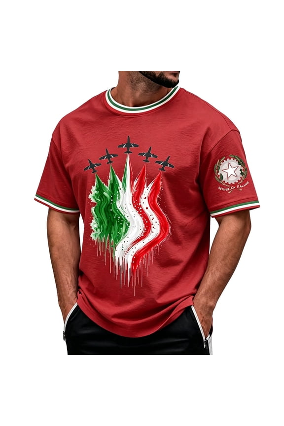 Mens T-Shirt Graphic Italy Flag Jet Print Crew Neck Short Sleeve Tee National Pride Casual Streetwear Top