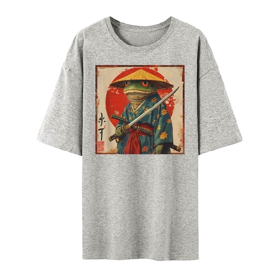 Bibifish Mens T-Shirt Graphic Samurai Print Crew Neck Short Sleeve Oversized Loose Fit Tee Japanese Style Casual Streetwear Top