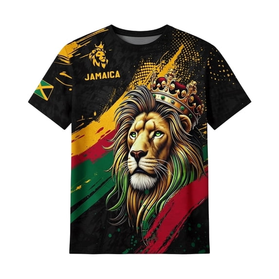 Bibifish Mens T-Shirt Jamaica Lion Print Crew Neck Short Sleeve Tshirts National Pride Themed Casual Wear Tee