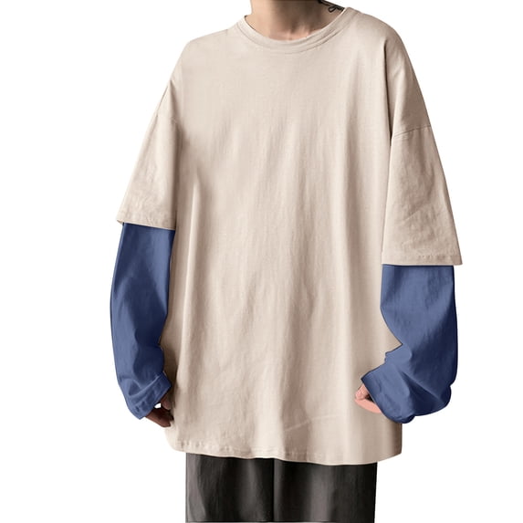 Bibifish Mens T Shirt Long Sleeve Crew Neck Two Piece Solid T-Shirts Comfortable Oversize Street Basic Daily Tee Tops
