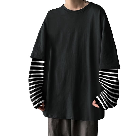 Bibifish Mens T Shirt Long Sleeve Crew Neck Two Piece Solid T-Shirts Comfortable Oversize Street Basic Daily Tee Tops