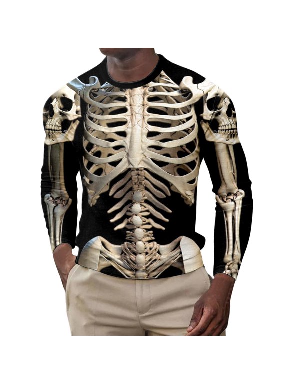 Mens T Shirt Long Sleeve Crew Neck Glow Skeleton Print Tees Loose Fit Fall Halloween Novelty Party Casual Tops