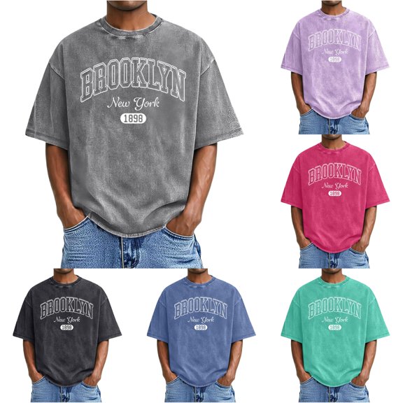 Bibifish Mens T Shirts Short Sleeve Crew Neck Acid Wash Brooklyn New York 1898 Slogan Print Tees City Souvenir Washed Tops
