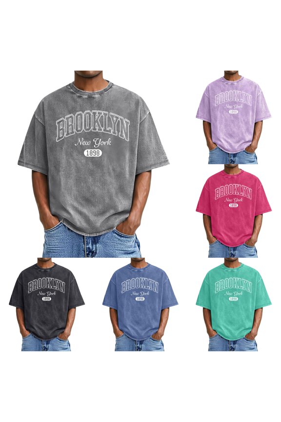 Mens T Shirts Short Sleeve Crew Neck Acid Wash Brooklyn New York 1898 Slogan Print Tees City Souvenir Washed Tops
