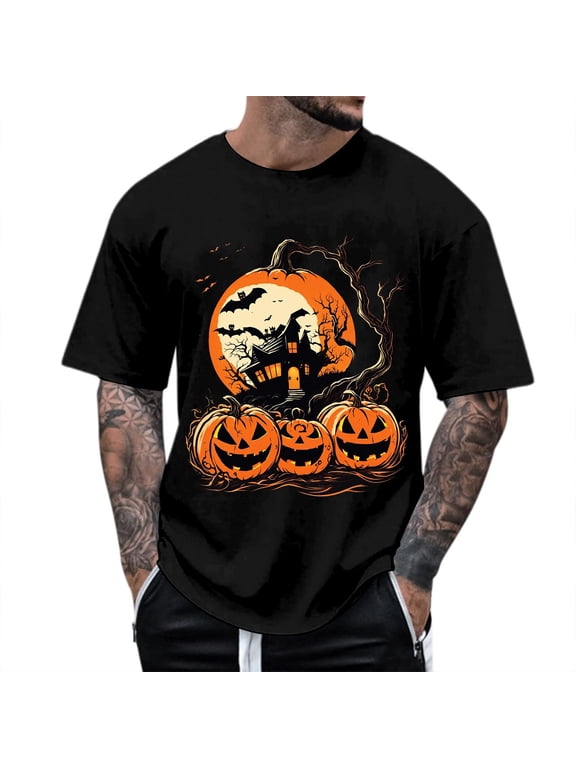 Mens T-Shirts Crew Neck Jack O Lantern Print Tshirts Fall Halloween Short Sleeve Casual Tee Tops