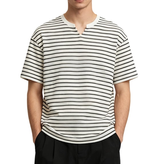 Bibifish Mens T-Shirts Horizontal Stripe Pattern Print Tee Tops Notched Collar Daily Wear Tees