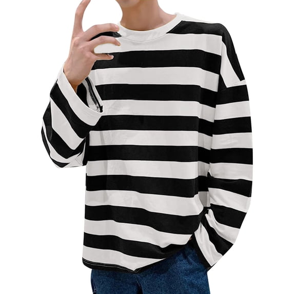Bibifish Mens T-Shirts Oversize Crew Neck Horizontal Stripe Tshirts Casual Daily Long Sleeve Basic Tee Tops
