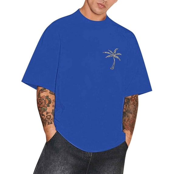 Bibifish Mens T-Shirts Oversize Raglan Collar Small Logo Print Tshirts Summer Street Loose Short Sleeve Tee Tops