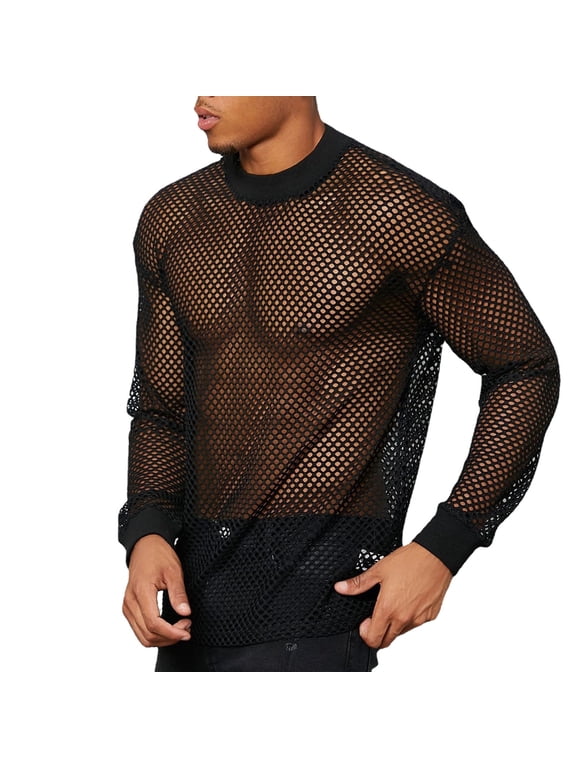 Mens T-Shirts See Through Mesh Breathable Material Tee Tops Long Sleeve Drop Shoulder Fitness Tees