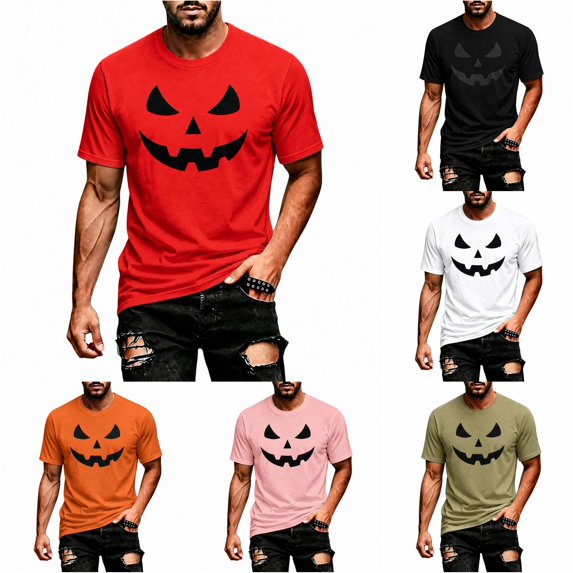 Bibifish Mens T Shirts Short Sleeve Crew Neck Hidden Pumpkin Face Print Tees Minimal Halloween Basic Casual Tops