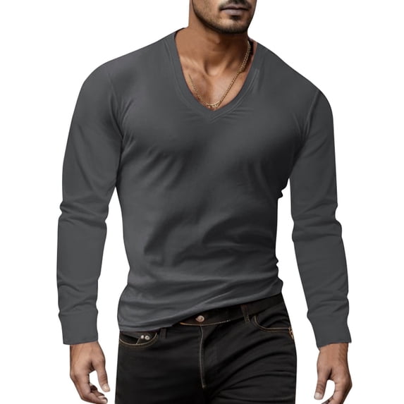 Bibifish Mens T-Shirts Solid Color Wide V Neck Tee Tops Long Sleeve Basic Daily Tees