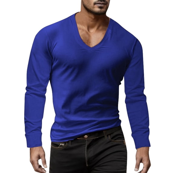 Bibifish Mens T-Shirts Solid Color Wide V Neck Tee Tops Long Sleeve Basic Daily Tees