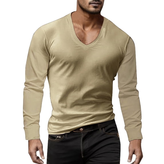 Bibifish Mens T-Shirts Solid Color Wide V Neck Tee Tops Long Sleeve Basic Daily Tees