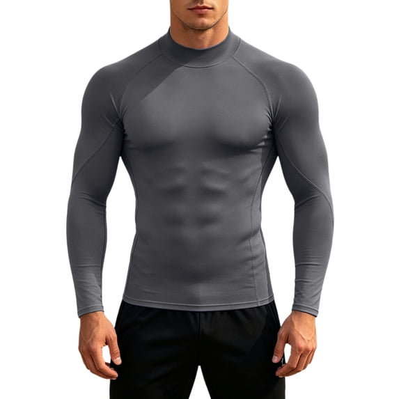 Bibifish Mens T-Shirts Solid Compression Slim Cut Tee Tops Crew Neck Long Sleeve Running Fitness Tees