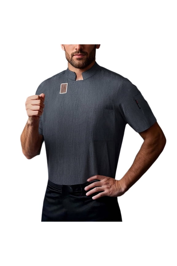 Mens T-Shirts Stand Collar Chef Uniform Short Sleeve T-Shirts Breathable T Shirts Restaurant Kitchen Workwear Tops With Pocket
