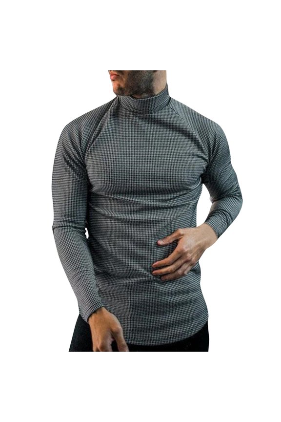Mens T-Shirts Tiny Grid Textured Turtleneck Tee Tops Long Sleeve Compression Fitness Base Tees