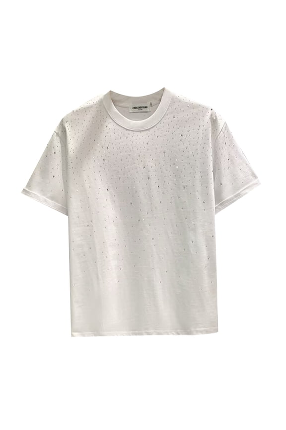 Mens T-Shirts With Rhinestone Design Short Sleeve Crewneck Tshirts Loose Fit Trendy Street Style Mens Comfortable Tees