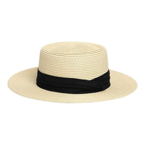 Bibifish Mens Womens Beige Straw Boater Hat Black Ribbon Detail Hat Lightweight Breathable Casual Elegant Summer Outdoor & Beach Sun Protection Cap