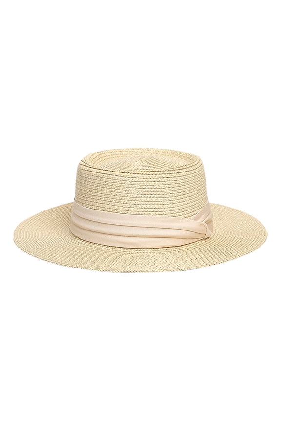 Mens Womens Beige Straw Boater Hat Black Ribbon Detail Hat Lightweight Breathable Casual Elegant Summer Outdoor & Beach Sun Protection Cap